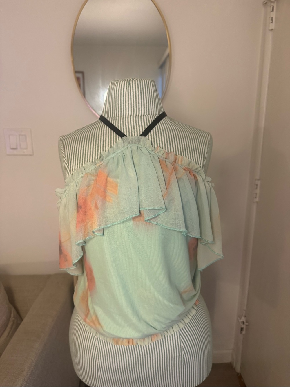 Vintage Y2K Bebe Floral Mesh Ruffle Halter Top Size S